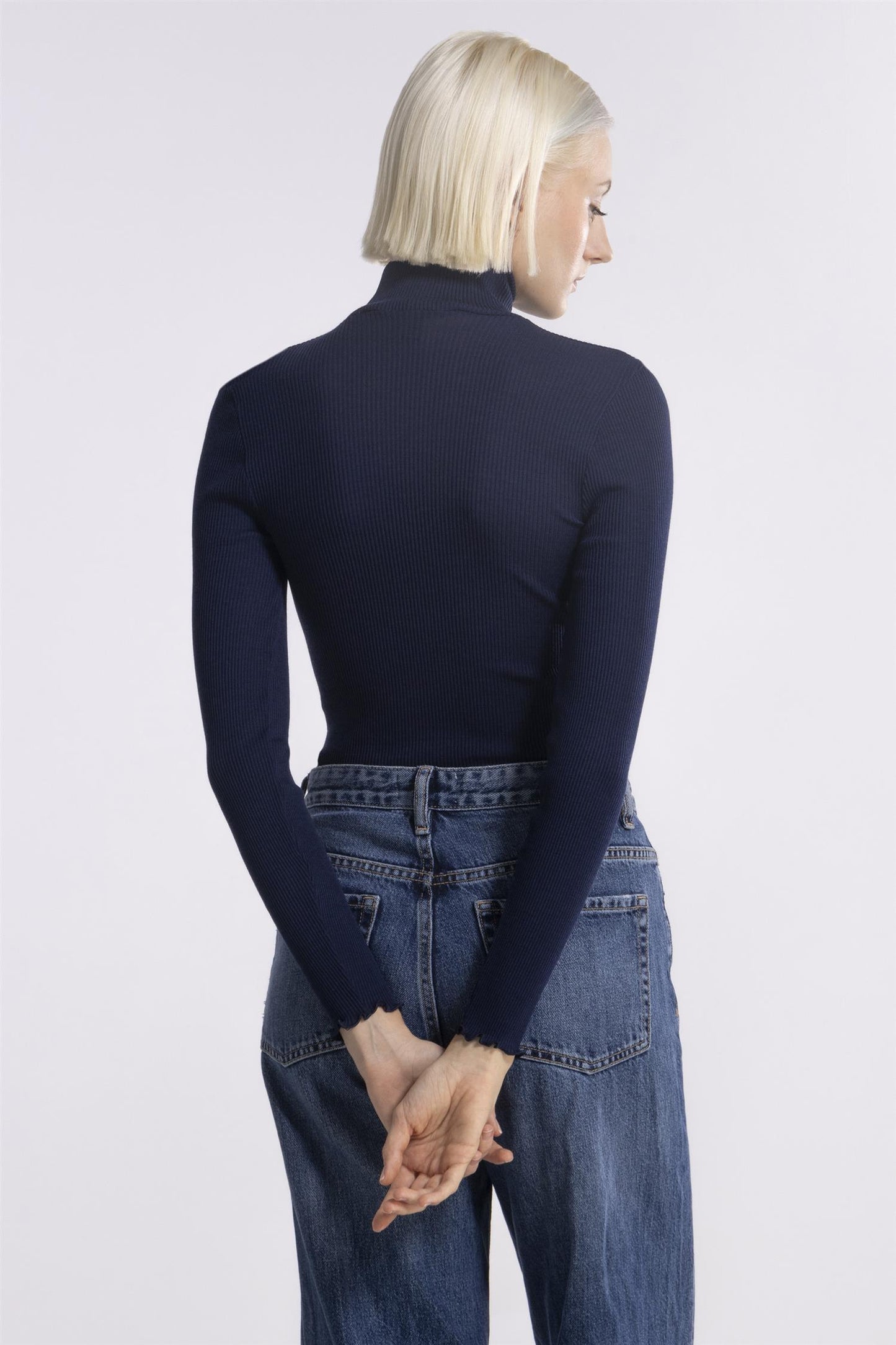 Ull silke top ribbestrikk polo Blue