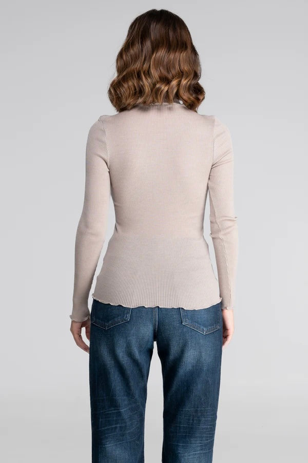 Ull silke top ribbestrikk polo Light Beige