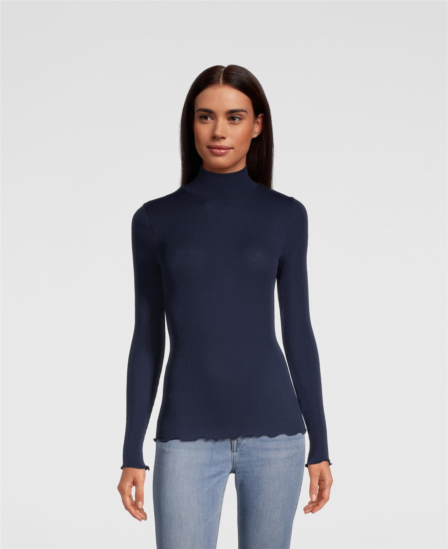 Ull silke top ribbestrikk polo Blue