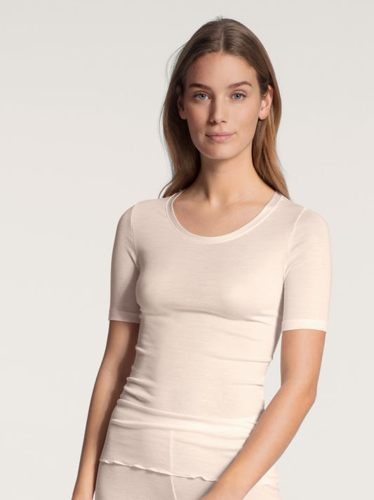 Top short-sleeve ull silke Light Ivory