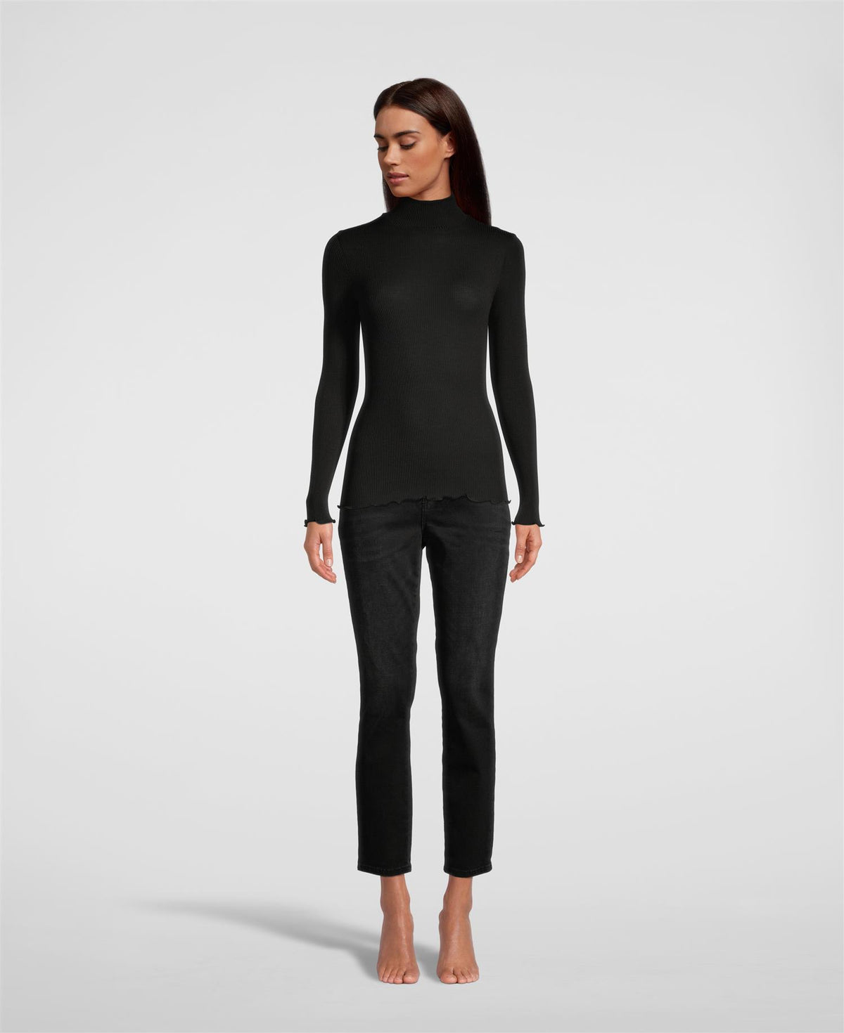Ull silke top ribbestrikk polo Black