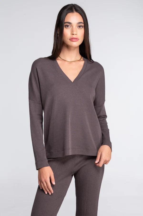 Ull silke top V-genser Taupe