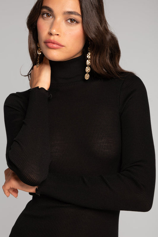 Ull silke top ribbestrikk polo Black