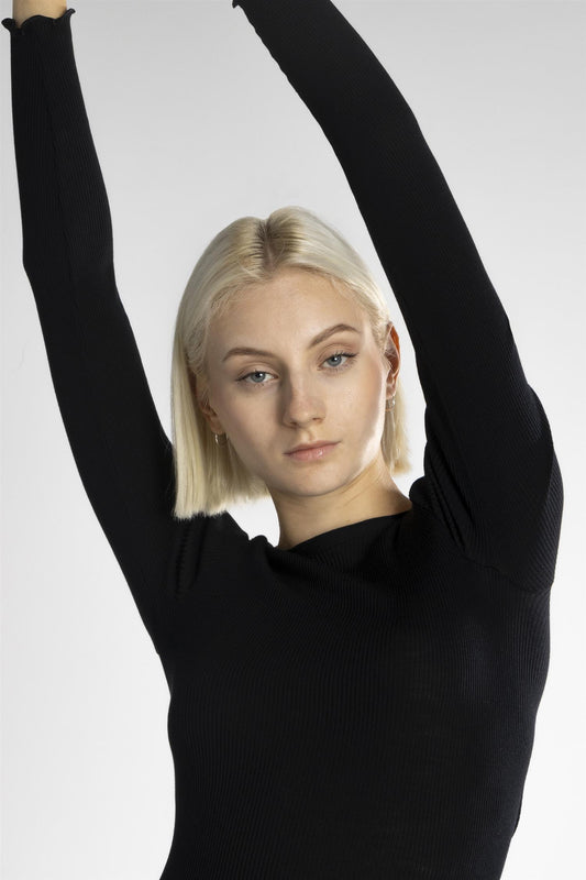 Ull silke top ribbestrikk Black