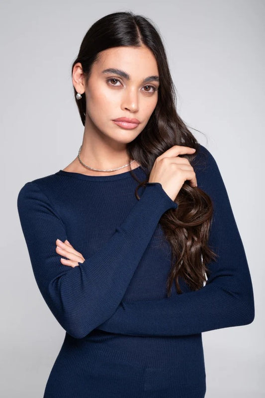 Ull silke top ribbestrikk Blue