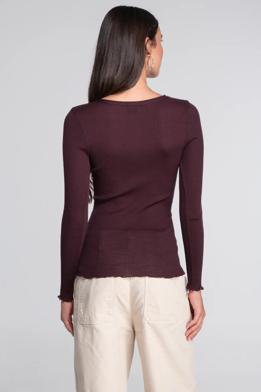 Ull silke top ribbestrikk Cherry