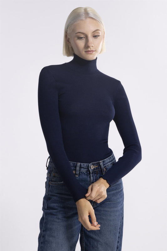 Ull silke top ribbestrikk polo Blue