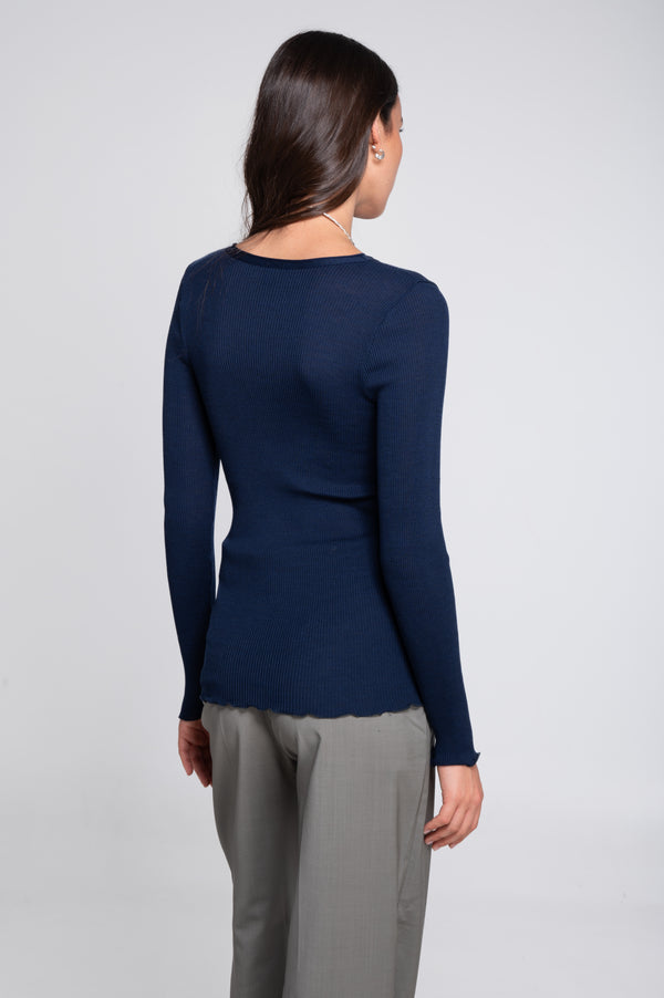 Ull silke top ribbestrikk Blue