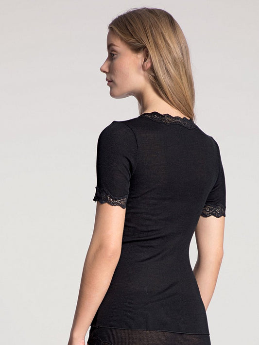 Top kort erm blonde ull silke Black