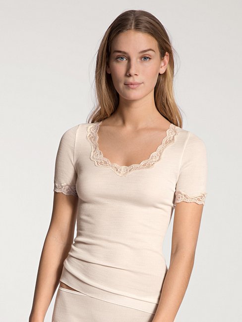 Ull silke Top  m. blonde kort erm Light Ivory
