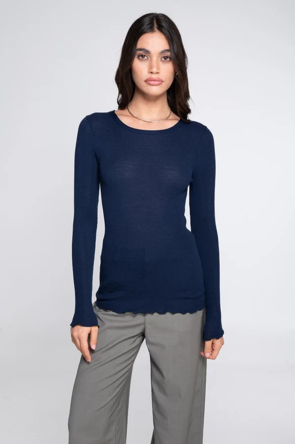 Ull silke top ribbestrikk Blue